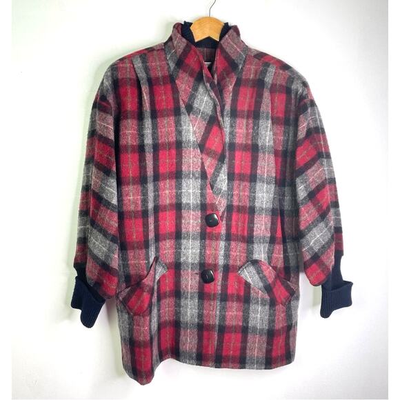 Vintage Wool Jacket Plaid Red Black Gray High Collar - Picture 12 of 12